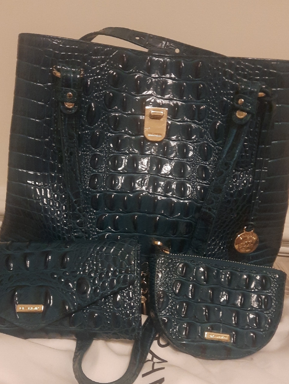 Brahmin Teal Croc Embossed Tote Bag